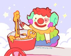 a drawing of a clown eating out of a bowl with a wooden stick in it