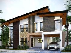 a car parked in front of a two story house with wood trimmings on the roof