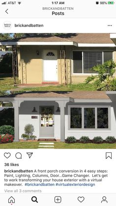 two pictures of a house with the same roof