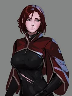 an anime character with red hair and black clothes, standing in front of a gray background