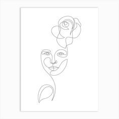 a black and white drawing of a woman's face with roses on her head