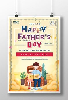 a father's day flyer with a child sitting on a chair and reading a book