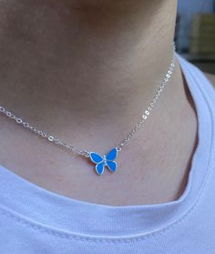 Butterfly Sterling Silver Pendant Necklace, Light Blue Ename Butterfly Pendant, Dainty Silver Butterfly Necklace Details: * the necklace and the charm made of 925 sterling silver * when you order please choose the length of the necklace that you need This necklace will send in gift box and gift wrapp too For more necklace click here: http://etsy.me/2yXSlcJ View my whole collection here: https://www.etsy.com/il-en/shop/tamarmany Beacuse this piece is custom made for you, it take between 3-5 busin Blue Clavicle Chain Jewelry Gift, Blue Clavicle Chain Jewelry As Gift, Blue Clavicle Chain Jewelry For Gifts, Silver Enamel Jewelry With Adjustable Chain, Personalized Blue Necklace For Her, Personalized Blue Necklace As A Gift For Her, Personalized Light Blue Jewelry For Gift, Personalized Blue Necklace Gift For Her, Blue Sterling Silver Charm Necklace, Nickel Free