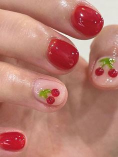 summer nail design: red cherry Korean Nail Designs, Cherry Nail Art, Korean Nail, Beachy Nails, Watermelon Nails, Hello Nails, Cherry Nails, Simple Gel Nails, Cute Summer Nails