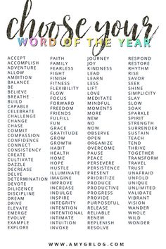 the words choose your word of the year on a white background with black and red lettering