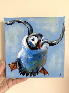 Original Acrylic Canvas Painting Flying Puffin Bird by Ilona Winter