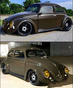 two pictures of an old vw bug in different stages of being painted brown and black