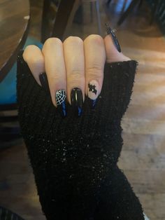 spooky halloween nails i got with a bat and a spiderweb, im obsessed! #goth #bat black nails #black #nails #spiderweb #emo #nails Spooky Nails Coffin Shape, Nails With Bats On Them, How To Do A Spider Web On Nails, Simple Goth Nail Art, Halloween Nails Cobweb, Band Acrylic Nails, Cute Bat Nails, Simple Goth Nails Almond