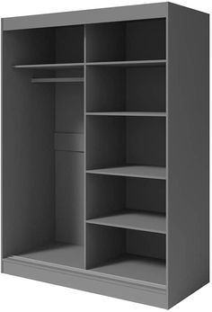 an empty gray bookcase with shelves on each side