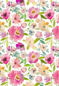 watercolor flowers on white background with green leaves and pink flowers in the center, seamlessly