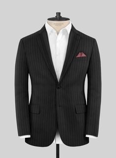 Stride confidently in our Scabal Feeje Stripe Black Wool Suit, a versatile pairing option that complements all your favorite button-downs and ties. Made from pure wool, this suit boasts a dynamic black shade adorned with contrasting white vertical stripes, ensuring a look that will never fade from style. Whether it's an important office meeting or a cherished dinner gathering, this suit is the epitome of sophistication for a spectrum of smart occasions.  Look Includes 
    Scabal   Feeje   Strip Black Stripped Suit Men, Black Suit With Stripes Men, Tailored Striped Wool Suits, Luxury Striped Wool Suits, Men’s Black Pinstripe Suit, Pinstripe Single-breasted Suit With Lapel Collar, Dinner Gathering, Linen Dress Pants, Herringbone Tweed Jacket