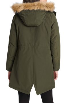 Leave it to Levi's to fuse practicality and style in this midweight parka featuring dual-entry pockets and detachable faux fur trimming the hood. Leave the silhouette loose for a relaxed feel or cinch the drawstring waist to give your look a little definition. 33" length Front zip closure with snap storm placket Drawstring hood with removable faux-fur trim Rib knit storm cuffs Dual-entry pockets Adjustable toggle-drawcord waist Back vent Wind-resistant; water-resistant Quilted lining, with 100% Functional Parka For Cold Weather And Fall, Functional Parka For Cold Weather In Fall, Solid Parka With Fleece Lining For Hiking, Hiking Parka With Fleece Lining, Fleece Lined Parka For Outdoor Activities, Hooded Nylon Parka For Cold Weather, Cold Weather Nylon Parka With Double-lined Hood, Nylon Parka With Double-lined Hood For Cold Weather, Solid Parka With Double-lined Hood For Outdoor Activities