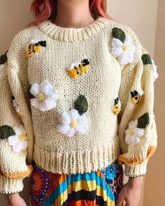 Crop Bee Knit Cardigan Big Daisy Sweaterc Hunky Sweater Big - Etsy Playful Knitted Spring Sweater, Playful Knitted Sweater For Spring, Playful Spring Knitted Sweater, Cute Hand-knitted Winter Sweater, Cute Hand Knitted Winter Sweater, Cute Crochet Sweater For Spring, Handmade White Knit Sweater, Handmade Long Sleeve Playful Sweater, White Knitted Patterns For Fall