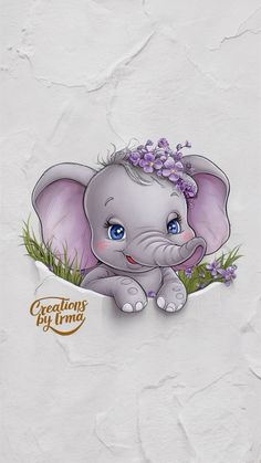 an elephant with blue eyes and purple flowers on its head is sitting in the grass