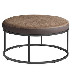 a round table with a metal frame and brown cushion on the top, sitting in front of a white background