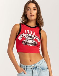 Ford 1903 Tank Top. Graphic Screened On Front. Crewneck. Sleeveless. Contrast Trim. Fitted And Cropped Silhouette. 58% Cotton, 37% Polyester, 5% Spandex. Machine Wash. Imported. Model Is Wearing A Size Small. Model Measurements:height: 5'8" Bust: 34"waist: 25"hips: 37.5"