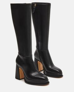 DEXTRA Black Leather Knee High Platform Boot | Women's Boots – Steve Madden Steve Madden High Boots, Knee High Platform Boots, Boots Steve Madden, Platform Boots Women, Black Leather Knee High Boots, Steve Madden Boots, Buyable Pins, Black Knee High Boots, Tall Leather Boots