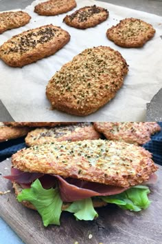 some food is laying out on top of a cutting board and next to it are cookies