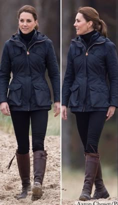 two pictures of the same woman in black clothes and brown boots, one is walking