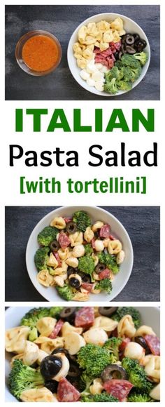 pasta salad with tortelli and olives in white bowls on a black table