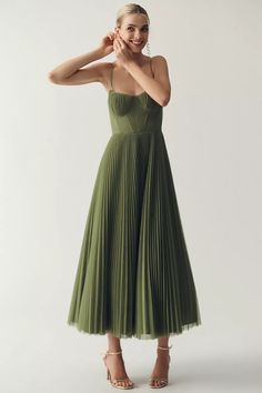 Hutch Amara Corset Pleated Tulle Fit & Flare Midi Dress | Anthropologie Rust Cocktail Dress, Creative Cocktail Dress, Sage Tulle Dress, Two Piece Cocktail Dress, Soft Green Dress Wedding, Color Blocking Bridesmaid Dresses, Fun Formal Wedding Guest Dress, Unique Green Bridesmaid Dresses, Short Pleated Dress Formal