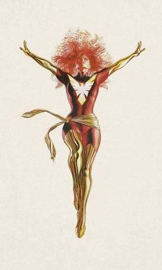 a drawing of a woman with red hair in a body suit and gold stockings, holding her arms out