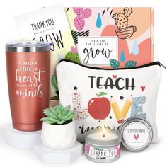 the teacher appreciation gift set includes a travel mug, tea cup, and other items