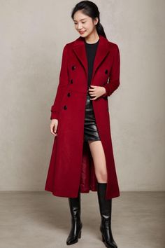 ★★ Welcome to my Ylistyle's shop！！！ This dark red wool coat, suitable for various occasions, whether for everyday wear or formal events.  Every detail of the long wool coat is handled very well.  The wool coat can be customized to your size. ★★FEATURES 50% wool, 50% fiber nylon polyester Polyester lining Two Side pockets Buttons closure Long wool coat A line coat Vintage inspired overcoat Dark red wool coat Autumn winter wool coat Dry clean ★★ The model's height approx 170 cm (5′ 7″) with the 84 cm (33") bust, 66 cm (26") waist. She is wearing the wool coat in size XS (US2) ★★ Please select custom order according to the follow situation Can't find your size Your height is over 175cm Your weight is over 75kg Request Length custom Request sleeve length ★★ Get your size in Size Chart with you Fitted Solid Color Pea Coat, Long Solid Pea Coat For Fall, Fall Long Wool Coat Single Breasted, Fitted Long Winter Pea Coat, Long Pea Coat For Fall, Fitted Winter Pea Coat, Fitted Long Sweater Coat For Fall, Fitted Long Pea Coat For Winter, Long Fall Sweater Coat With Buttons