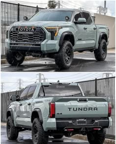 two pictures of the new toyota tundra pickup truck, one is grey and the other is black