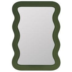 a green framed mirror with wavy lines on the edges and bottom, against a white background