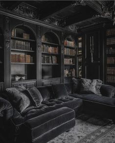 a living room filled with black furniture and bookshelves