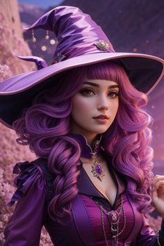 a woman with long purple hair wearing a witches hat and holding a wand in her hand