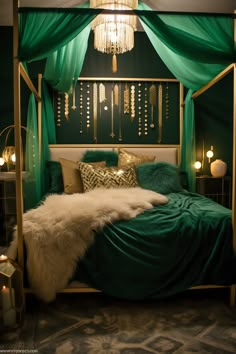 this Vibrant Modern Boho Bedroom is lit by emerald green LED strip lighting tucked behind the headboard. The walls are a muted sage (#9DC183), and the room features a four-poster bed, gold accents, and a patterned rug. Little Apartment Decor, Emerald Bedroom, Street Room, Grown Woman Bedroom Ideas, Woman Bedroom Ideas, Beautiful Bed Designs, Whimsy Goth Bedroom, Baddie Bedroom