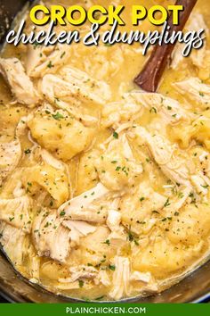 crock pot chicken and dumpling soup in a pan with a wooden spoon on the side