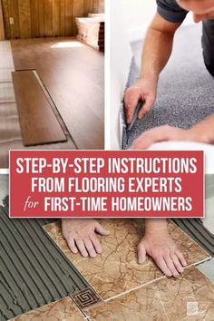 a man laying tile on the floor with his hands and feet in place to install it