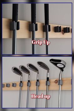 four pictures of different types of golf clubs hanging on a wall with hooks and pegs