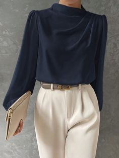 Stand Collar Drape Elegant Office Wear Long Sleeve Blouse Navy Blue Elegant  Long Sleeve Fabric Plain Top Non-Stretch  Women Clothing, size features are:Bust: ,Length: ,Sleeve Length: Work Shirts For Women Office Wear, Navy Silk Blouse Outfit, Navy Blouse Outfit Work, Navy Blue Outfits For Women Classy, Classy Blouses For Women, Office Blouses For Women, Blue Blouse Outfit, Blouse Outfit Work, Elegant Office Wear