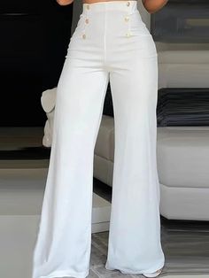 Luxury Slim Fit Bottoms For Semi-formal Occasions, Luxury White High-waisted Wide Leg Pants, Cheap Elegant High-waisted Pants, Cheap High-waist Elegant Bottoms, Luxury White Casual Bottoms, Cheap Stretch White Wide Leg Pants, Luxury Slim Fit Wide Leg Bottoms, Cheap Elegant Bottoms For Going Out, Cheap White Elegant Wide Leg Pants