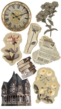 an assortment of old fashioned paper cutouts with flowers and newspaper clippings on them