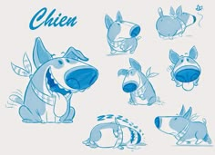 some cartoon dogs with different expressions on their faces and body, all in blue ink