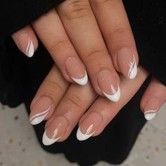 white nails Cute Nails French Tip White, Nails White Design Short, French Almond Nails Design White, Cute Nails White Design, Short White Tip Nails With Design, Nails White French Tip With Design, French Variations Nails, French Tip Nail Almond, French Nails White Design