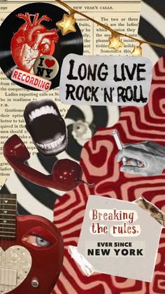 a collage of rock'n'roll related items including an electric guitar, heart - shaped magnets and paper notes