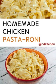 homemade chicken pasta in a red bowl with text overlay