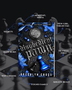 the front cover of an adult novel, featuring chess pieces and blue text on black background