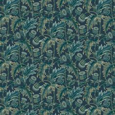 a blue and green wallpaper with leaves on it