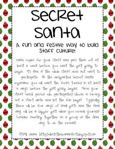 the secret santa story is shown in red, green and white polka doted paper