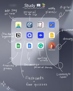 an ipad screen with the words study and other items on it, including flash cards