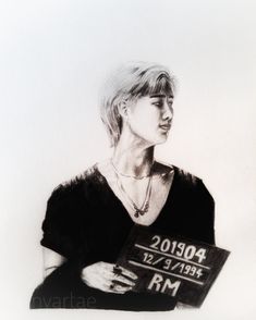 a black and white drawing of a woman holding a sign with the date 201304 on it