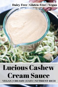 a bowl filled with cream sauce next to a plate full of zucchini noodles