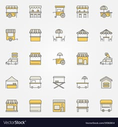 a set of different types of shops and buildings in the style of flat line art